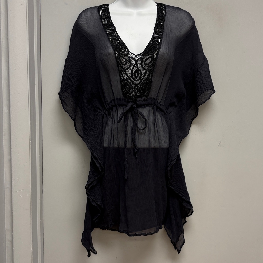 Free People Sheer Lace Trim Kaftan Tunic Cover-Up Boho Drawstring Waist